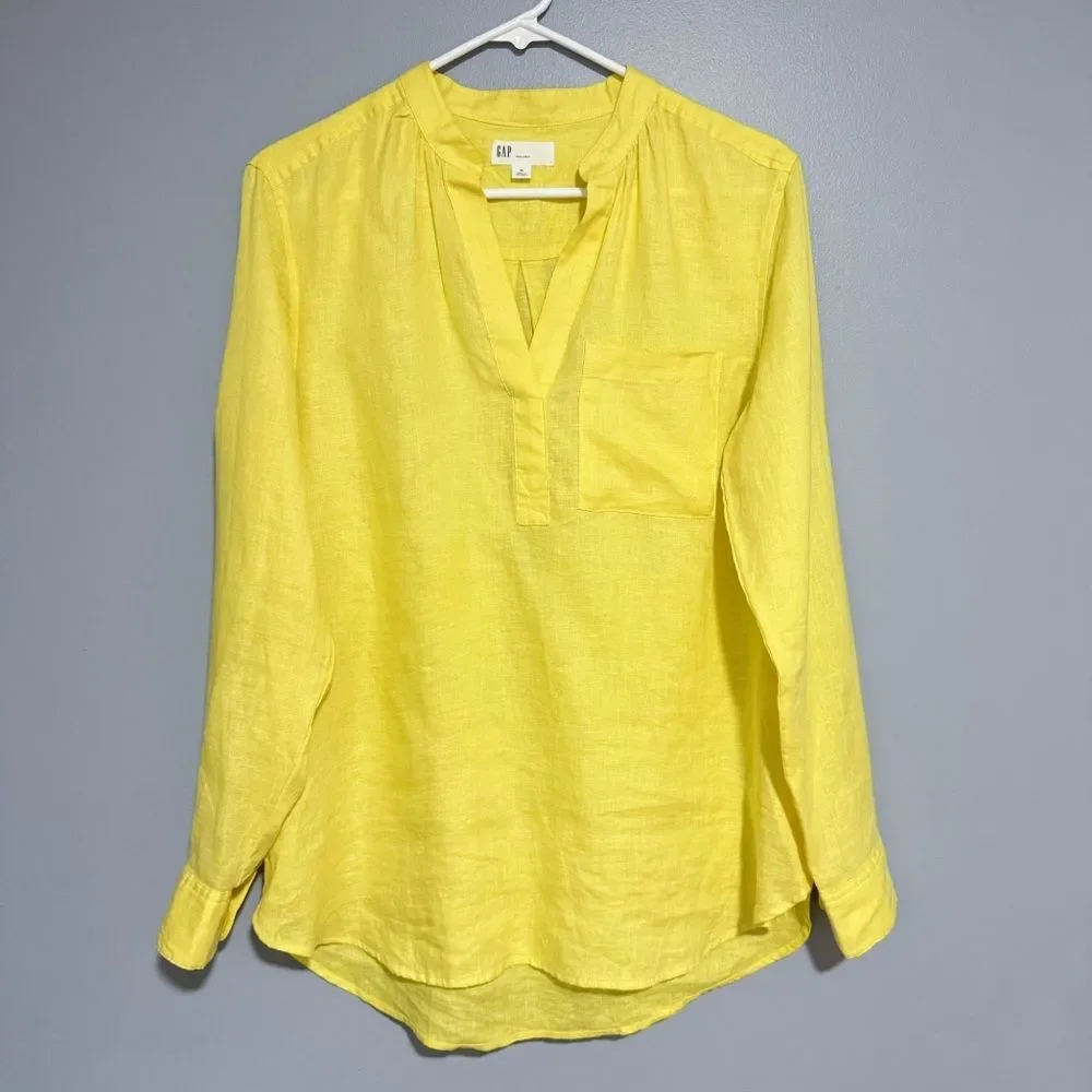 Gap 100% Linen Popover Pocket Shirt Size Medium Brilliant Yellow - Picture 2 of 8